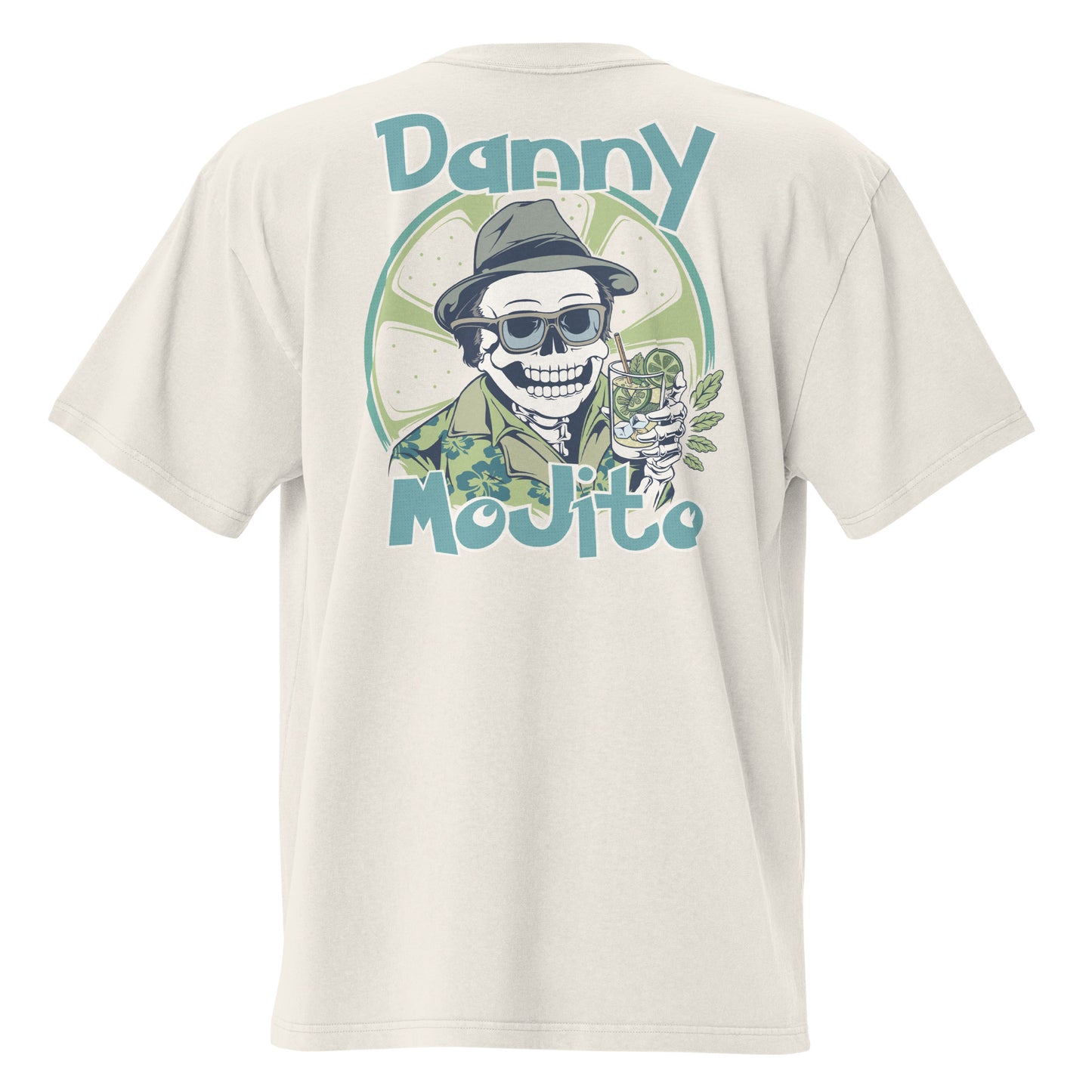 Off-white, cream loose unisex style t-shirt with a large graphic on the back. Graphic is a skeletal figure of Dann Mojito - Danny DeVito drinking a mojito cocktail in a glass. Colours are pastel blue and green.